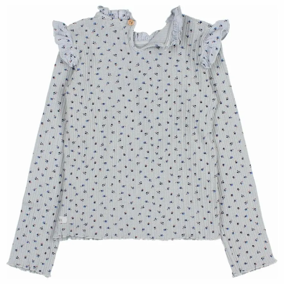 T-shirt Côtelé Fleuri | Bleu gris